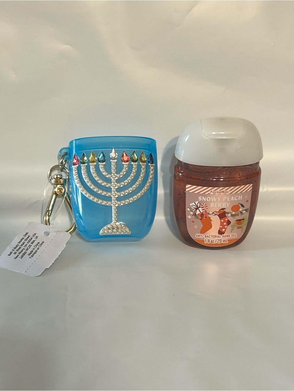 Bath & Body Works Snowy Peach Berry Hand Gel with Blue Menorah Holder